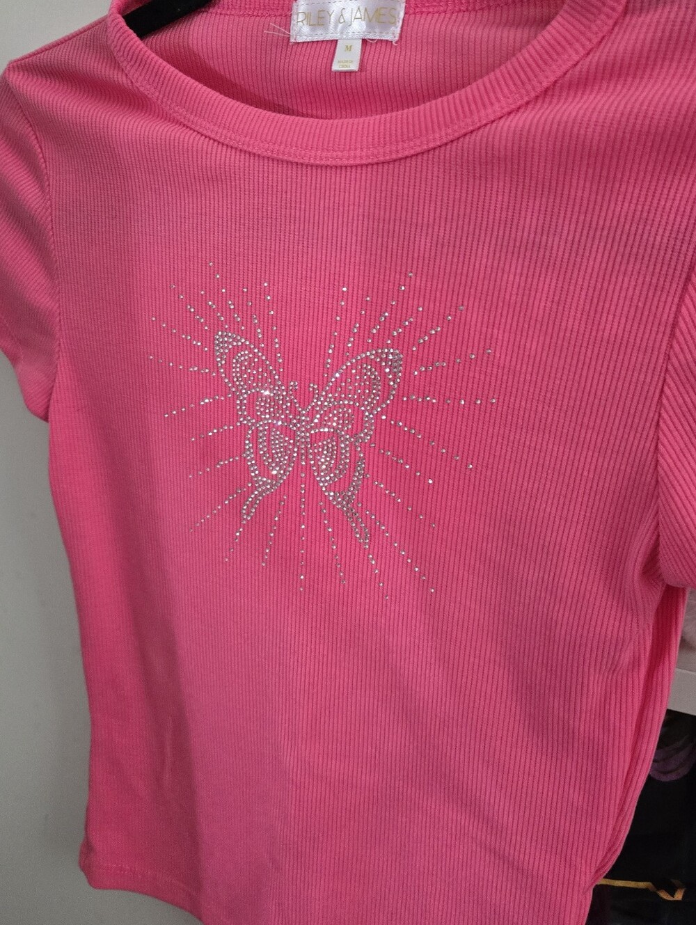 Pink Butterfly Rhinestone Y2k Ribbed Tee - Picture 5 of 6